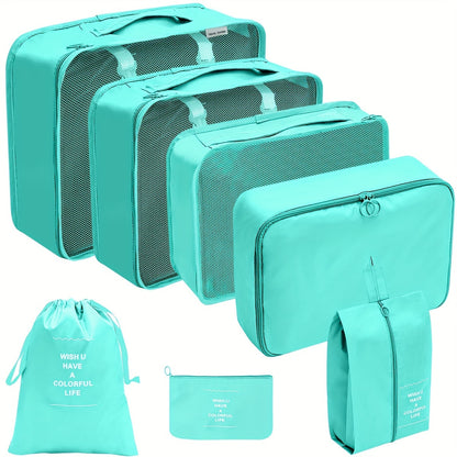 7 lightweight packing cubes for suitcases, ideal for organizing travel items and clothing for men and women.