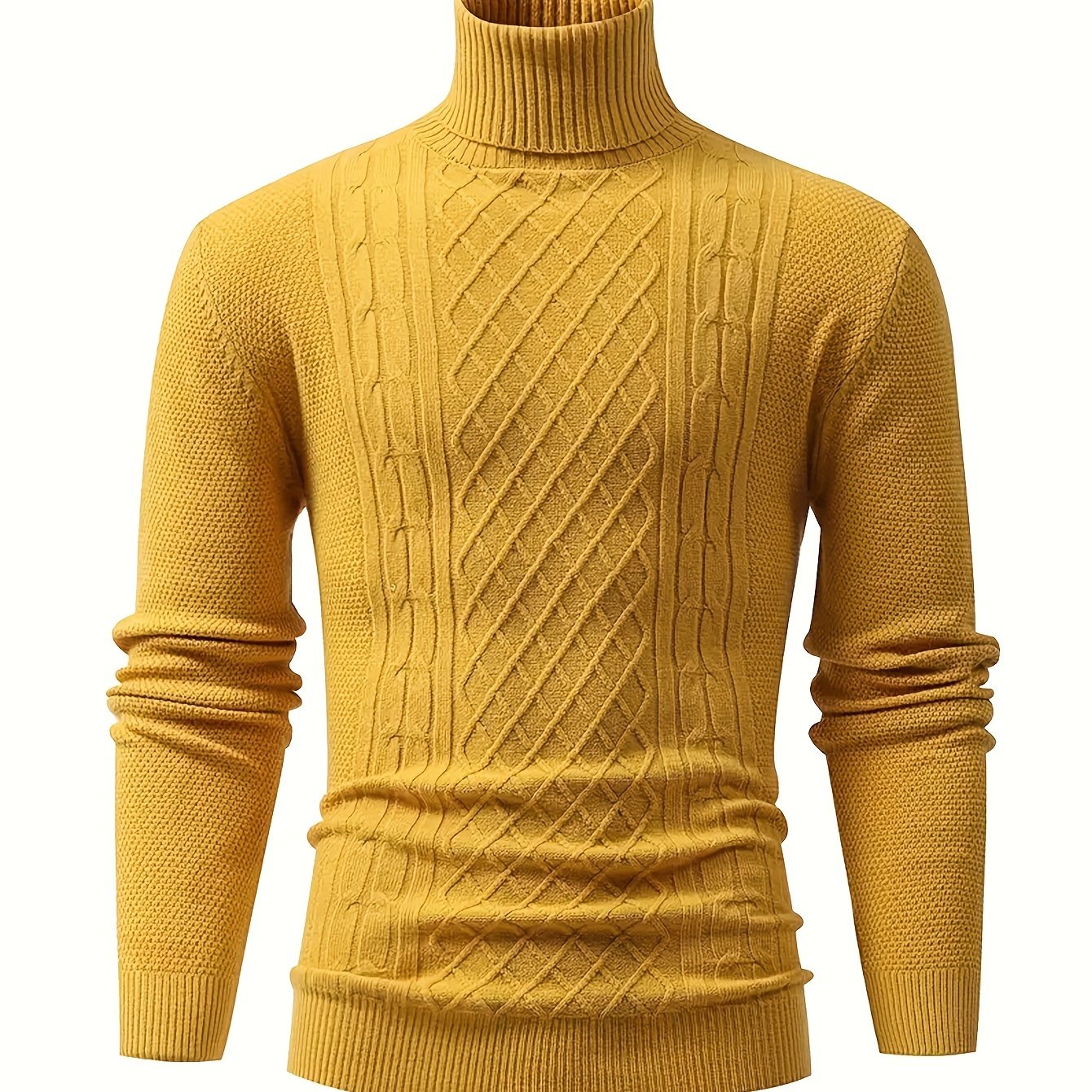 Men's cable knit turtleneck sweater for fall/winter, warm and stretchy pullover with solid color, long sleeves, blend fabric.