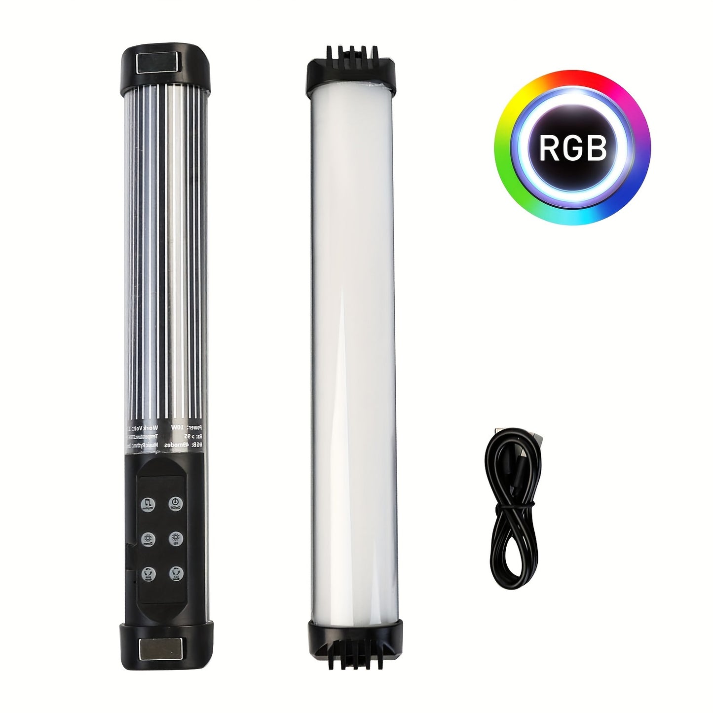 11-inch handheld RGB LED video light stick with adjustable color temperature (2700K-7500K) and USB rechargeable 18650 lithium battery. Non-waterproof with 95+ CRI and 1/4" screw for studio