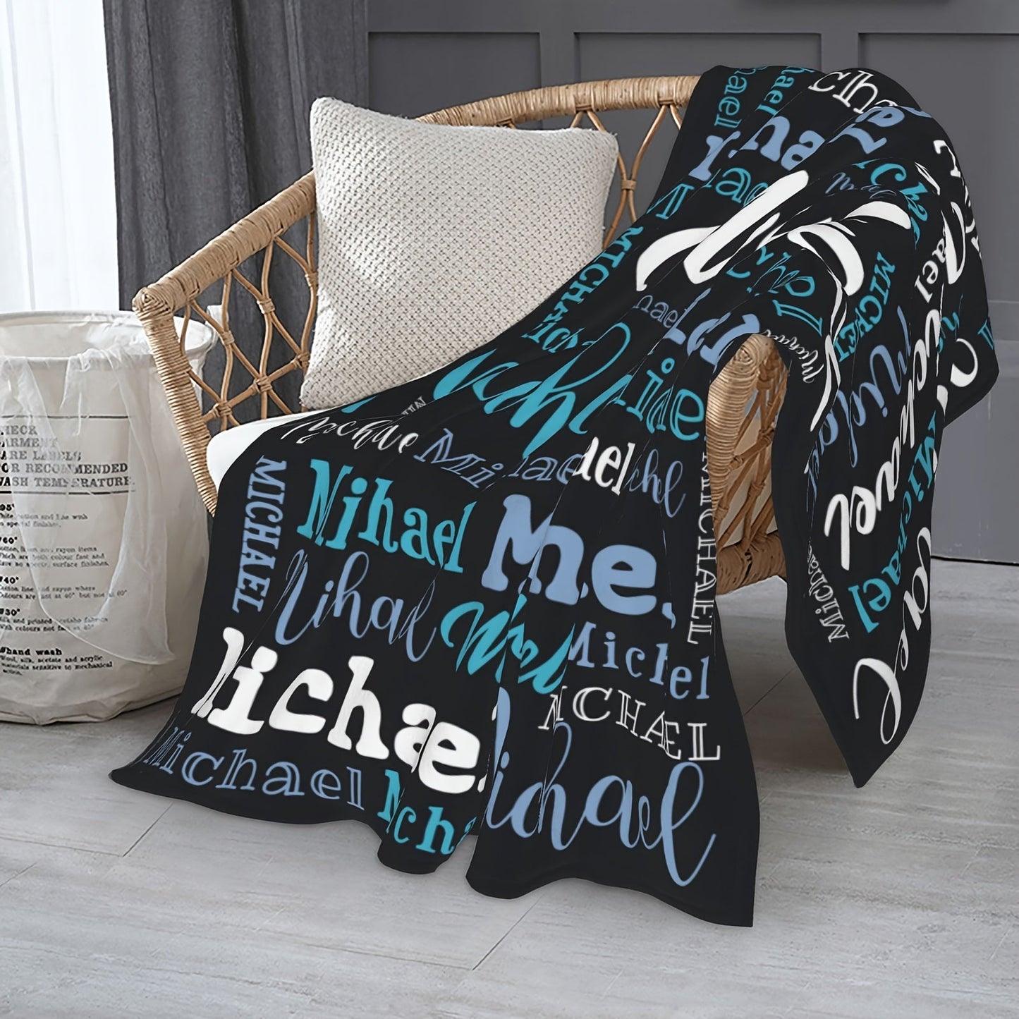 Personalized Big Name Blanket by QOGOER made from an ultra-soft 100% polyester flannel knit fabric, featuring high-quality digital printing in a mixed color design that is suitable for all seasons.