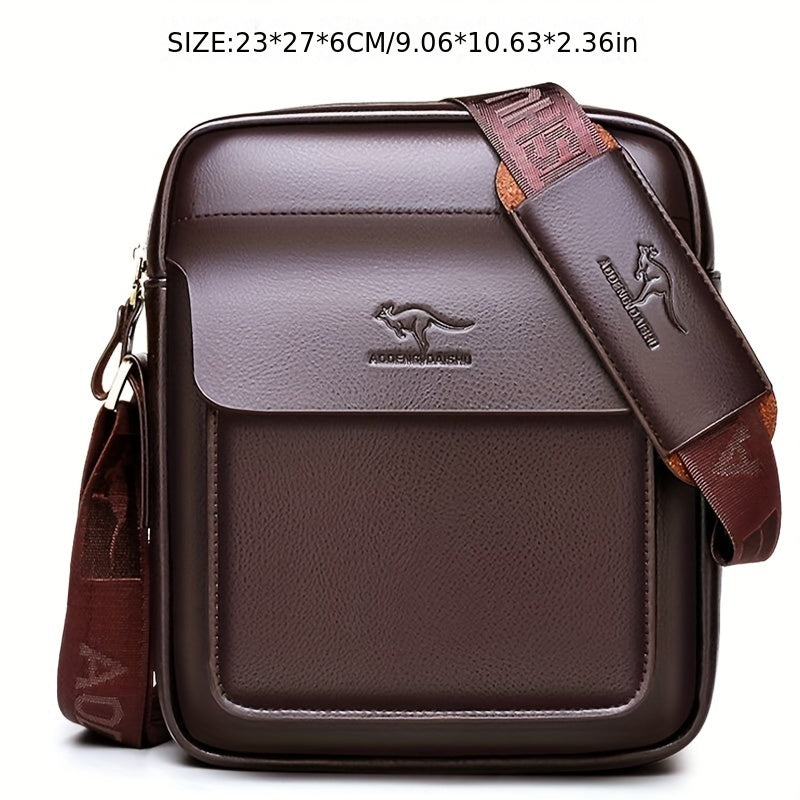 DOSHENG Men's Black Synthetic Leather Crossbody Bag with Embossed Dinosaur Logo - Adjustable Strap, Multi-Compartment Satchel for Office Use, Versatile Men's Accessory with Metallic Zipper.