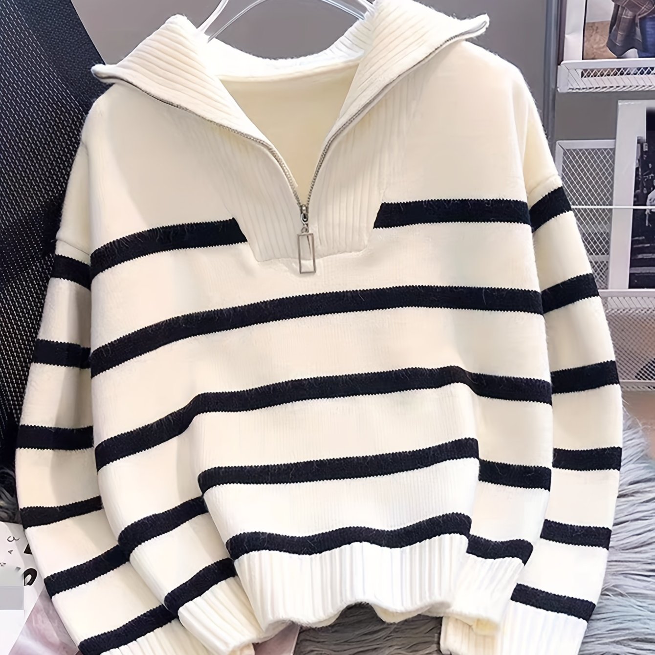 Elegant Striped Zip-Up Knit Sweater, Cozy Acrylic & Polyester Blend, Ideal for Fall/Winter