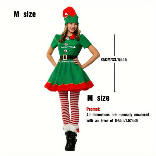 Set of 4 Women's Christmas Elf Costume Pieces Includes Polyester Party Dress, Hat, Socks, and Belt. Features No Print Design, Hand Wash Only. Perfect Festive Holiday Outfit.