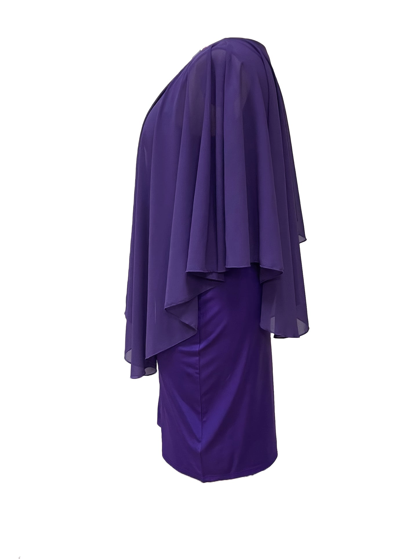 Plus size purple midi dress with asymmetrical cape sleeves, V-neck, stretchy polyester blend, machine washable, ideal for all seasons.