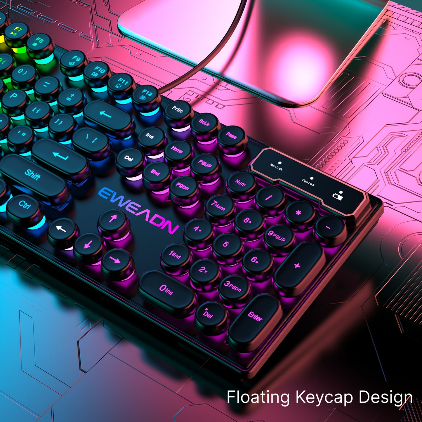 EWEADN GX330 Wired Gaming Keyboard with Retro Punk Style, RGB LED Backlit, Ergonomic Design, 104 Keys, USB Powered, Ideal for Gaming & Office Use.