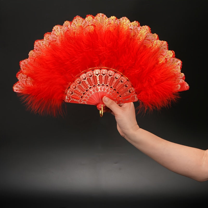 High-end Plush Feather Folding Fan with Extra Thickness, Perfect for Adults' Performance Dance. Ideal for Chinese Cheongsam Runway Shows, Comes in a Variety of Colors.