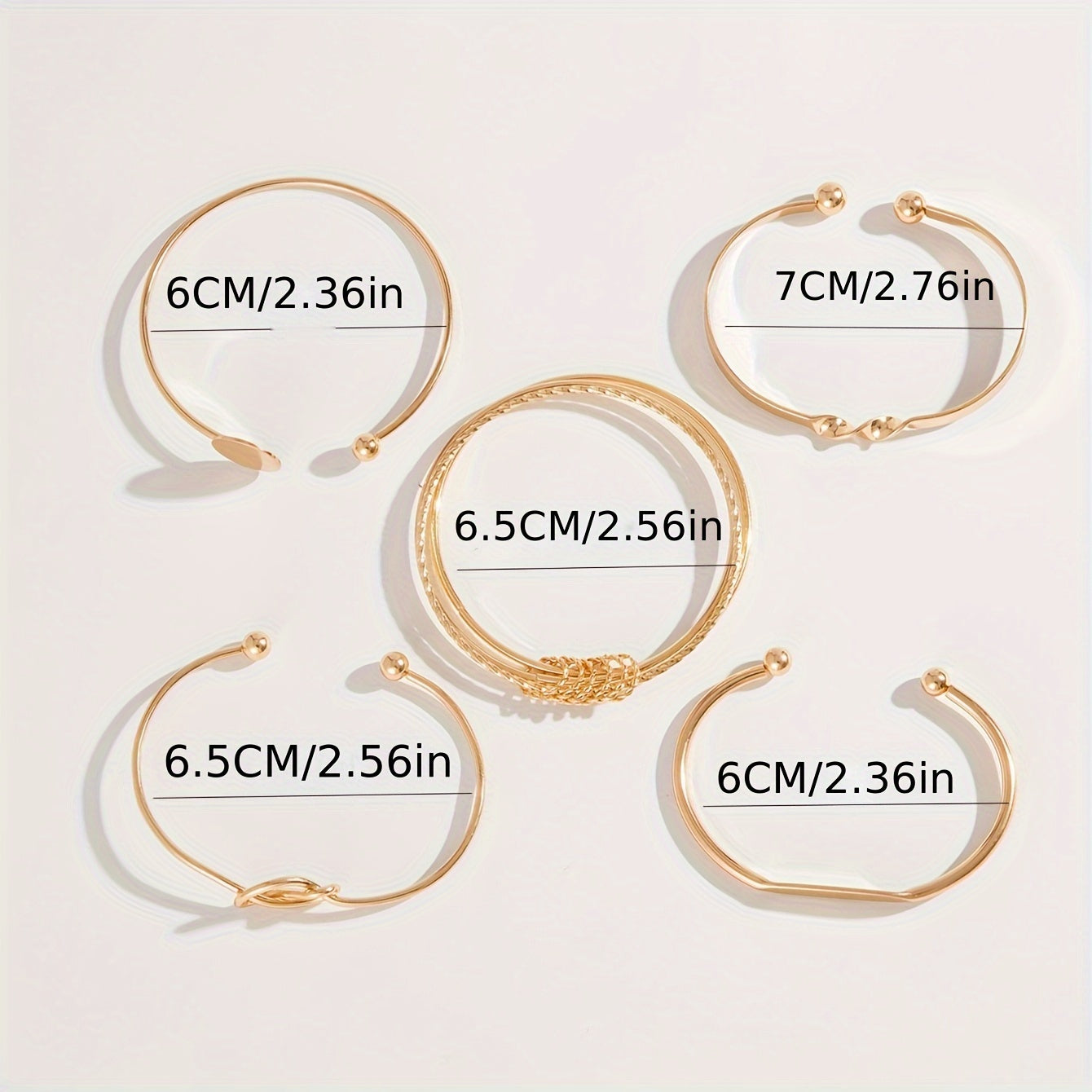 Set of 5 minimalist geometric alloy bangle bracelets for women in retro trendy style.