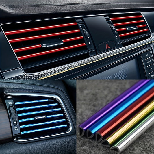 10 pieces of 20cm U-shaped chrome PVC colorful shiny car decoration strips for car air conditioning outlet.