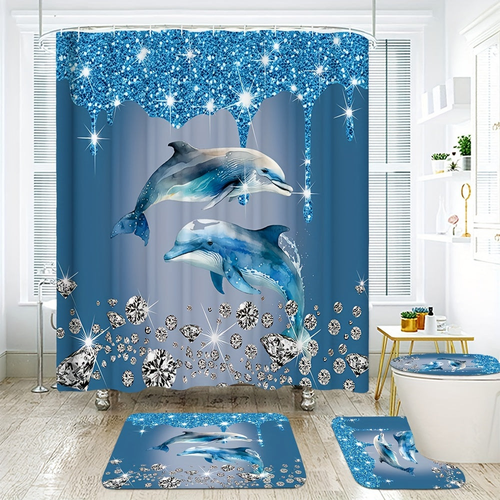 Blue diamond dolphin print bathroom set includes shower curtain, non-slip mat, toilet seat cover, and U-shaped mat, with 12 hooks for hanging the curtain.