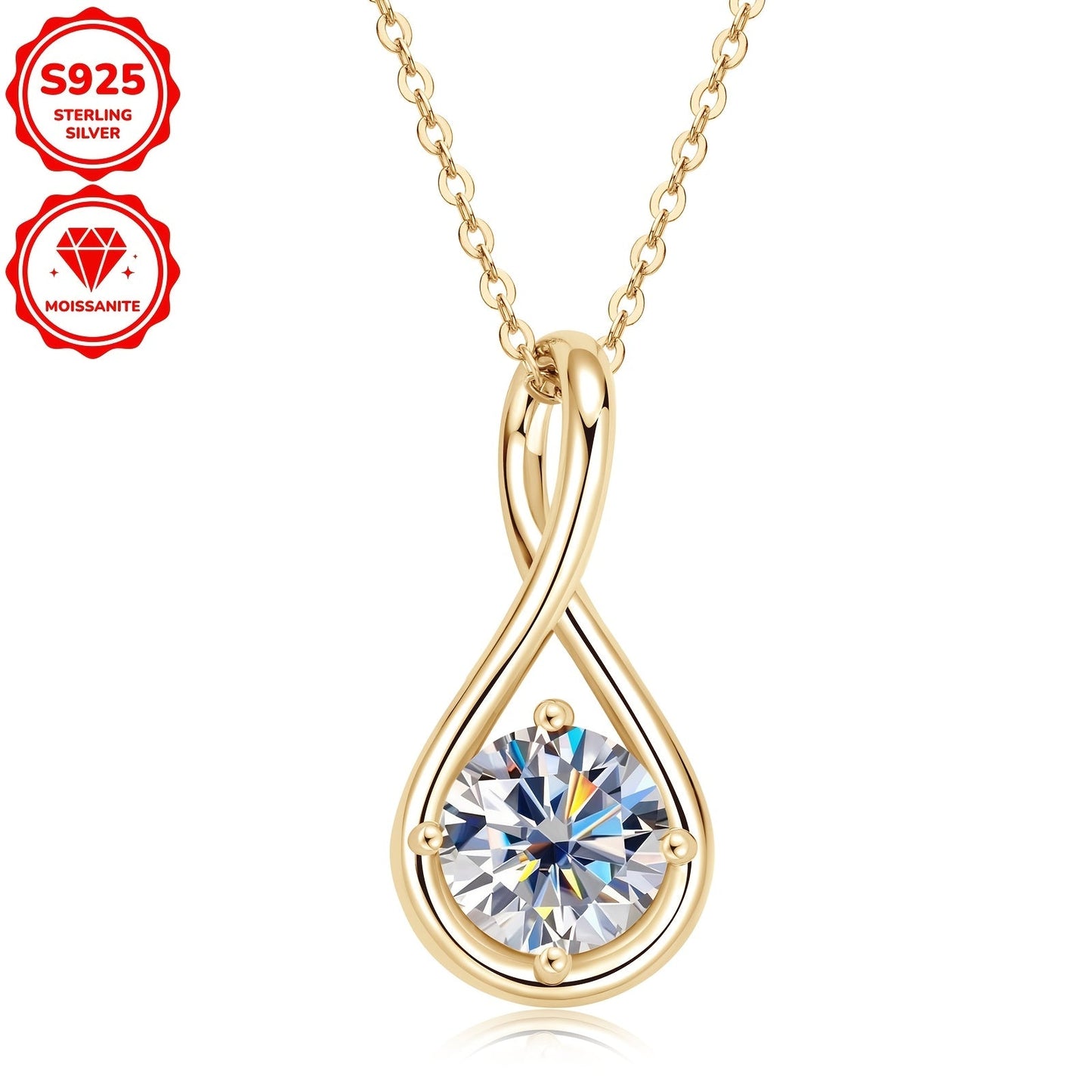 Elegant 14K Gold Plated 925 Sterling Silver Moissanite Pendant Necklace featuring a 8mm D Color Infinity Theme Synthetic Stone. This simple vacation style jewelry has a total weight of 2 carats and comes with a 20-inch chain. Perfect for weddings