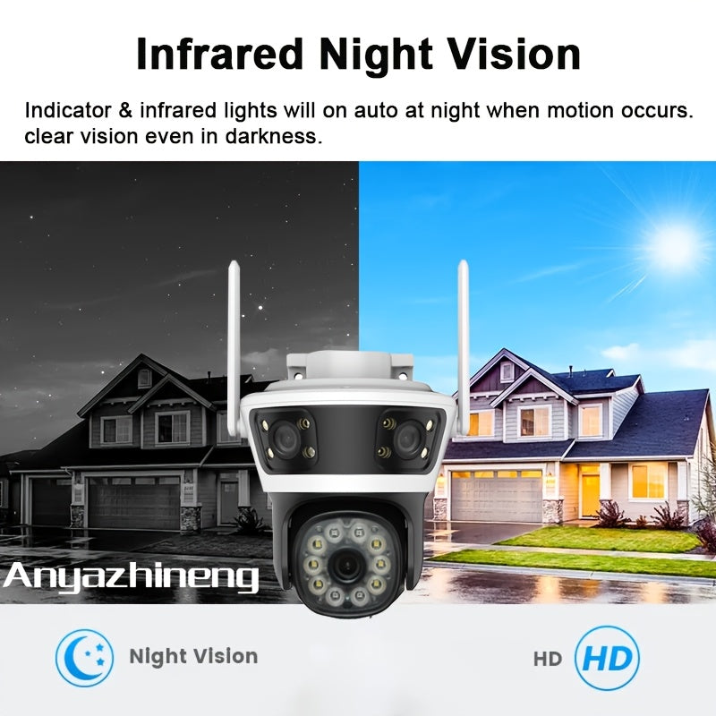 ANYAZHINENG Outdoor Wireless Security Camera is a high-definition 1080p camera with a triple lens for panoramic viewing. It features motion detection, night vision, two-way audio, PTZ capabilities, and can be wall-mounted. Powered by USB and compatible