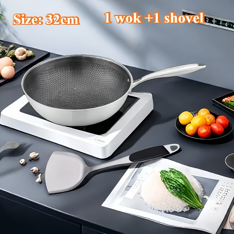 Stainless Steel Wok with Honeycomb Pattern, Non-Stick and Scratch-Resistant Coating, Ideal for Stir-Frying on Gas and Induction Cooktops