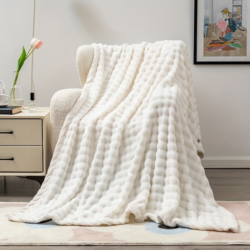 Ideal Birthday Gift: Luxurious White Bubble Fleece Blanket, made of 100% Polyester with All-Season Knit Fabric,  Soft and Cozy for Living Room, Office, Bedroom, Camping, Pet use. Versatile Throw in Contemporary Style, weighing 250-300gsm.