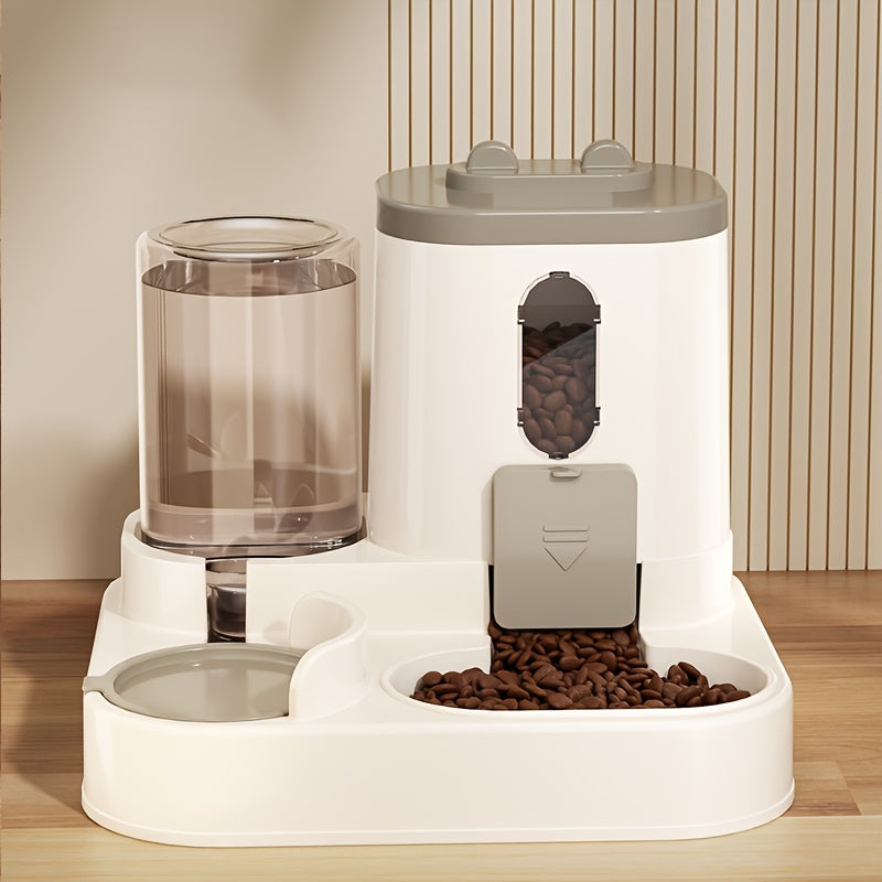 Combined automatic cat feeder and water dispenser for cats, non-electric and neck-friendly option for food and water.