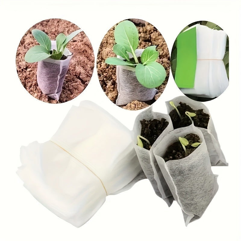 100 Biodegradable Seedling Nursery Bags in 8.0x10.01cm size, made of non-woven fabric for planting and transplanting seedlings. Ideal for home garden supplies and agricultural production.