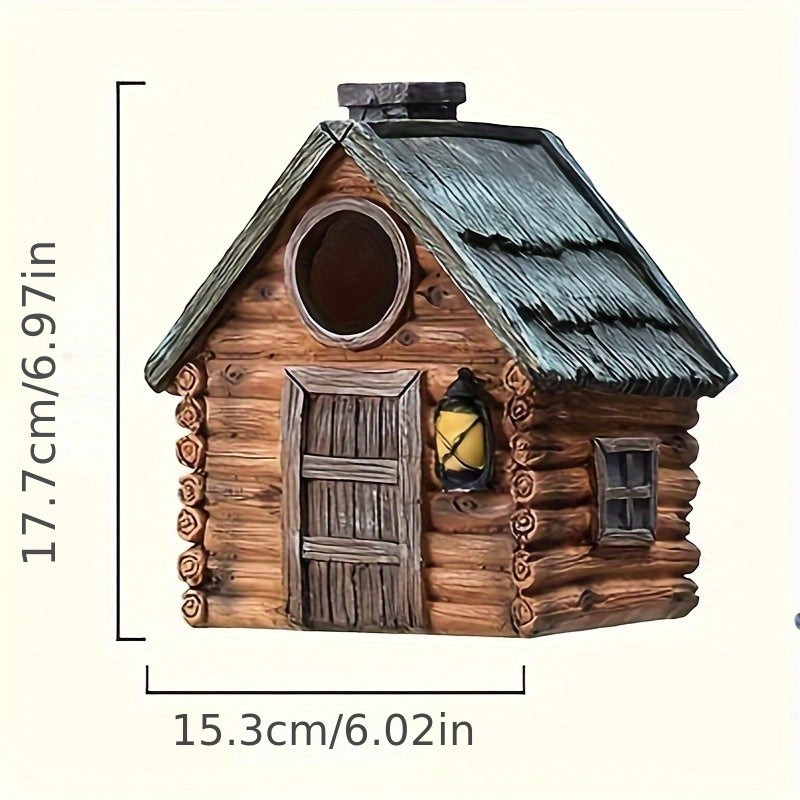 Wooden birdhouse with LED lights, ABS resin crafted, outdoor garden decor, winter nest for birds, hanging ornament.