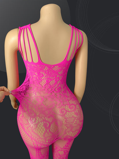 Women's Sexy High Stretch Hollow Bodysuit with Floral Lace Pattern and Sheer Mesh, made of Breathable Polyamide Knit Fabric with Full-Length Open Crotch Design.