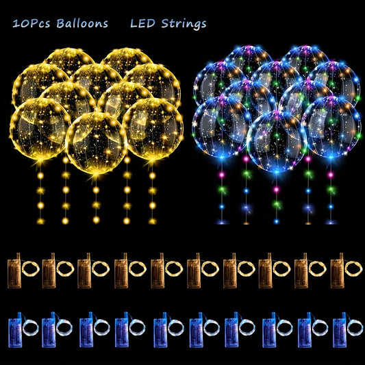 Set of 10 LED light-up balloons for various occasions, powered by AA batteries for indoor and outdoor use, perfect for weddings, Valentine's Day, birthdays, and party decorations.