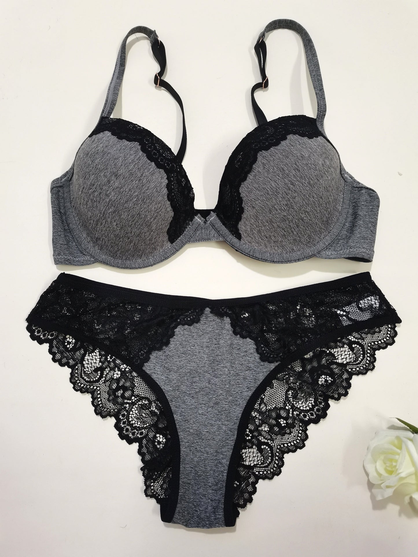 Floral Lace Lingerie Set with Plunge Bra and Sheer Briefs