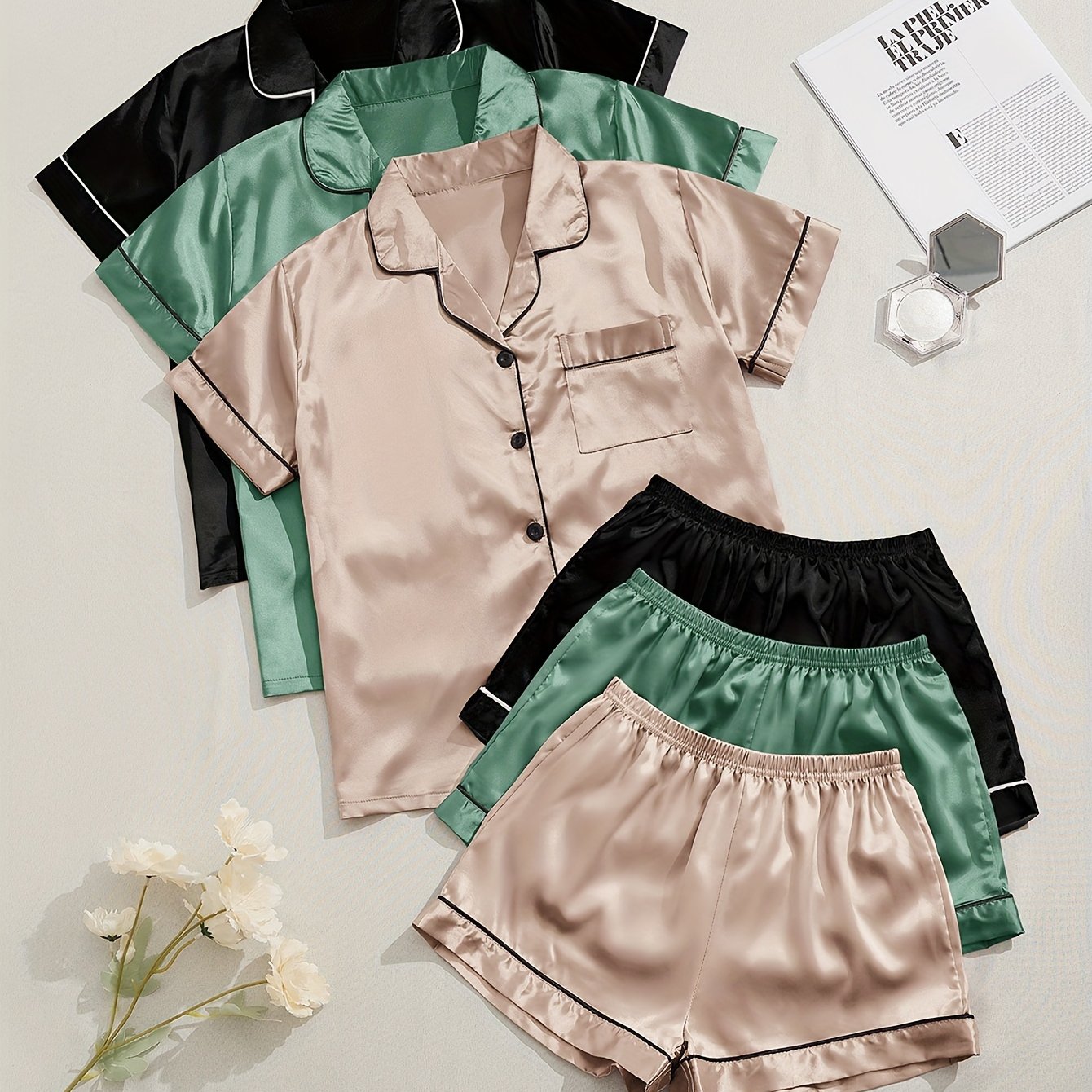 Women's two-piece pajama set in multicolor variety of short-sleeved shorts and solid color imitation satin.