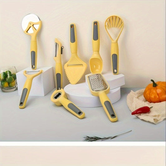 Elegant Kitchen Utensil Set with Holder - 8 Pieces Including Peeler, Pizza Cutter, Grater, Ice & Cheese Spatula, Fruit Scoop, and Citrus Juicer - Made with Durable ABS, Easy to Clean, Ideal for Home Cooking, Weddings, and Gifts