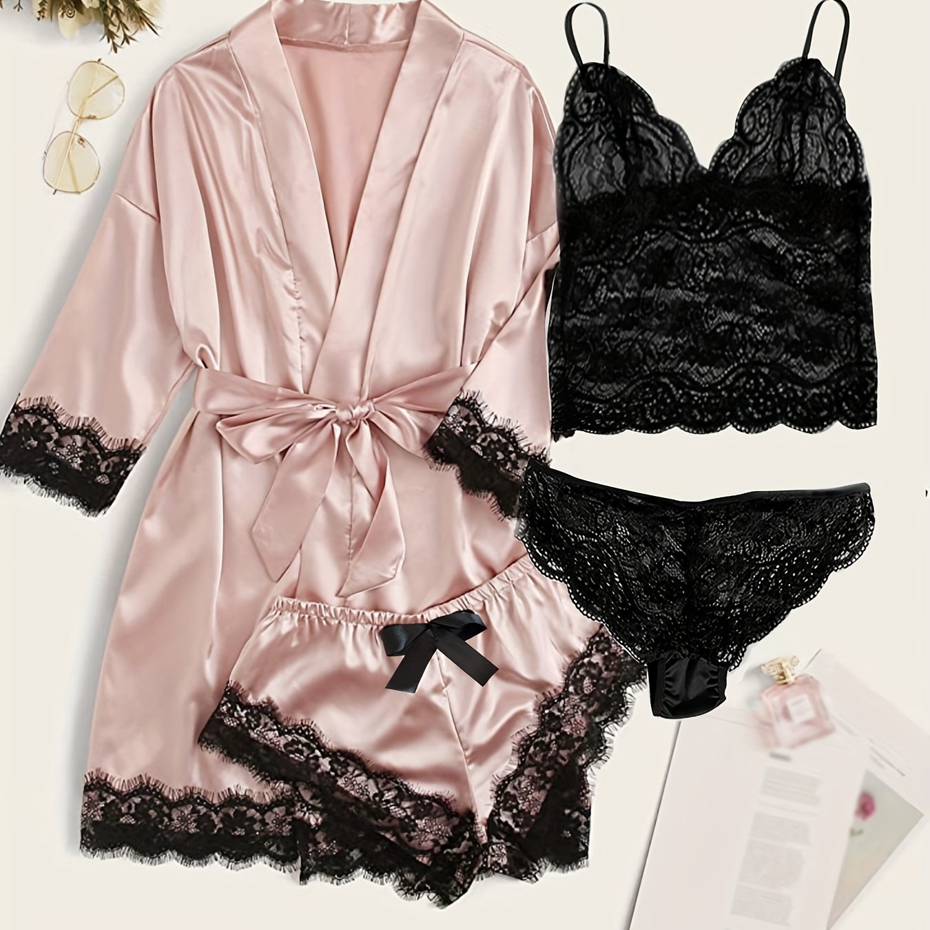 Satin lace lounge set with robe, cami top, and bottoms for women, featuring a sexy and comfortable design.