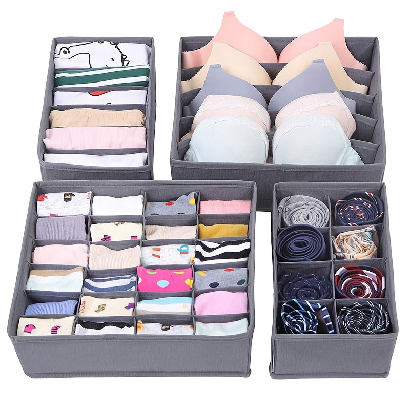 4 Collapsible Storage Boxes measuring 64.01cm X 49.0cm X 10.01cm. Ideal for organizing clothes, socks, belts, and home decor.