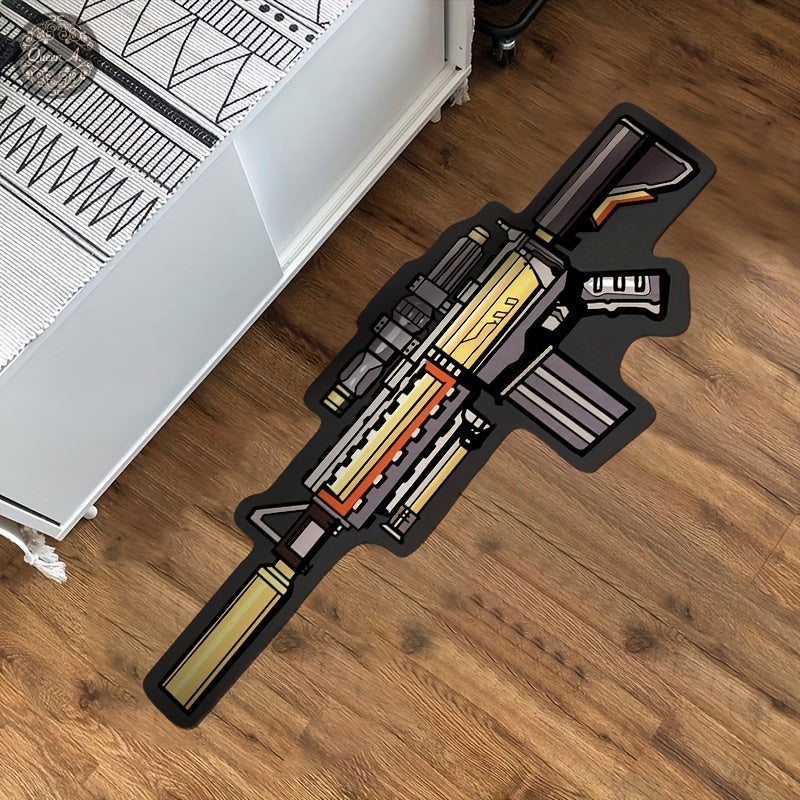 Polyester rug shaped like a cartoon M4A1 rifle; irregular shape, lightweight, non-slip, washable, knit weave, machine-made with rubber backing. Hand wash only, soft and comfortable for living room, bedroom, or bedside use.