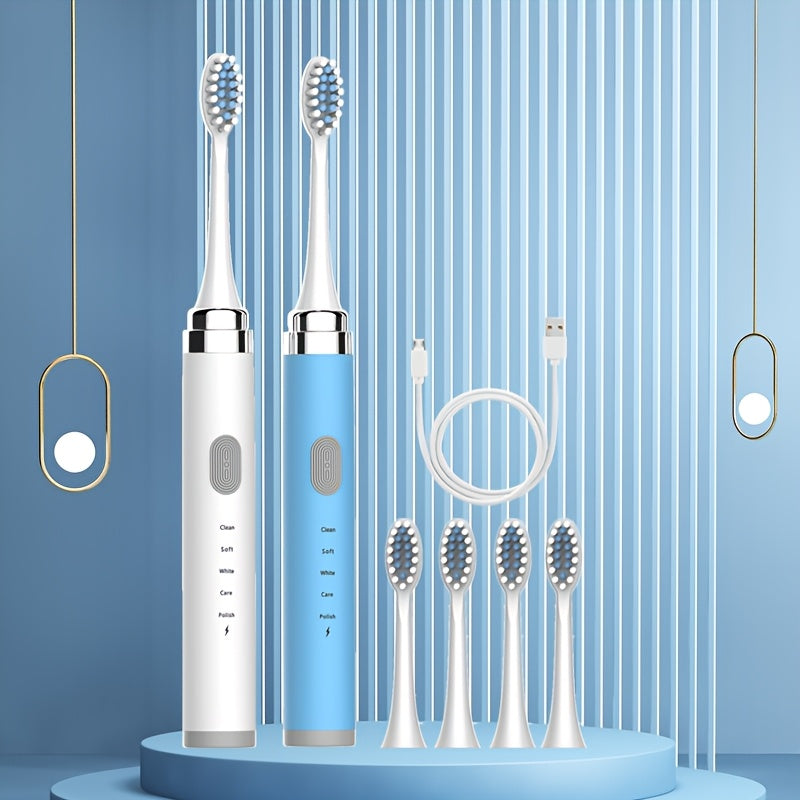 Electric Toothbrush F1-QL-6-C, 2pcs with 5-speed settings, USB interface, and replaceable ultra-soft brush head for whitening and gentle care.