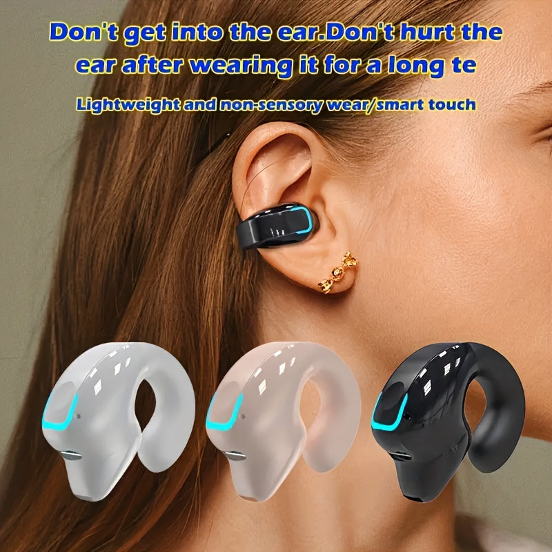 Wireless clip-on earbuds with long battery life, phone control, voice noise reduction. Ideal for running, compatible with all smartphones.