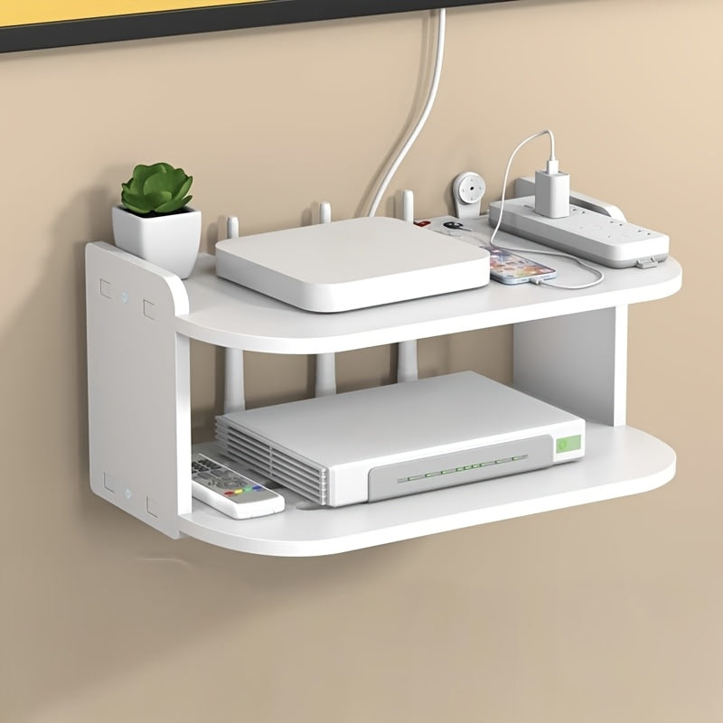 2-tier wall-mounted rack with cable management for routers and set-top boxes - no drilling required.