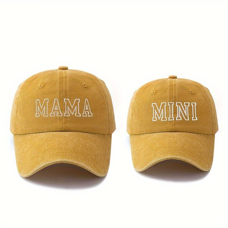 Set of 2 stylish baseball caps with high-quality embroidered letters "MAMA" and "MINI", curved brim design for outdoor activities, sun protection, and lightweight hip-hop style.