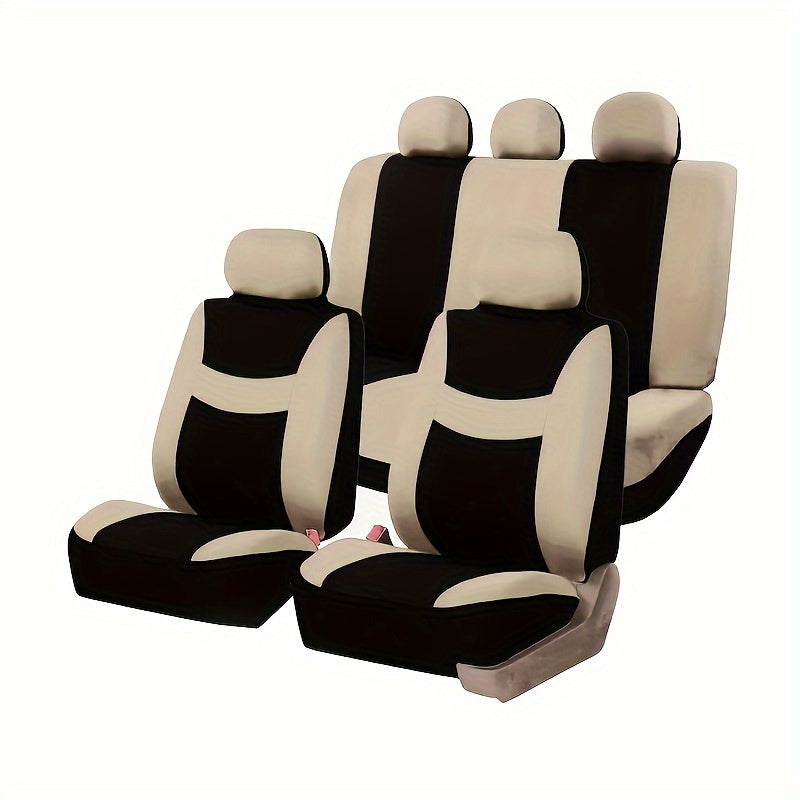 New full seat cover set for 5-seater car, includes 2 front seat covers, 1 rear seat back cover, 1 rear seat cover, and 5 car seat head covers.