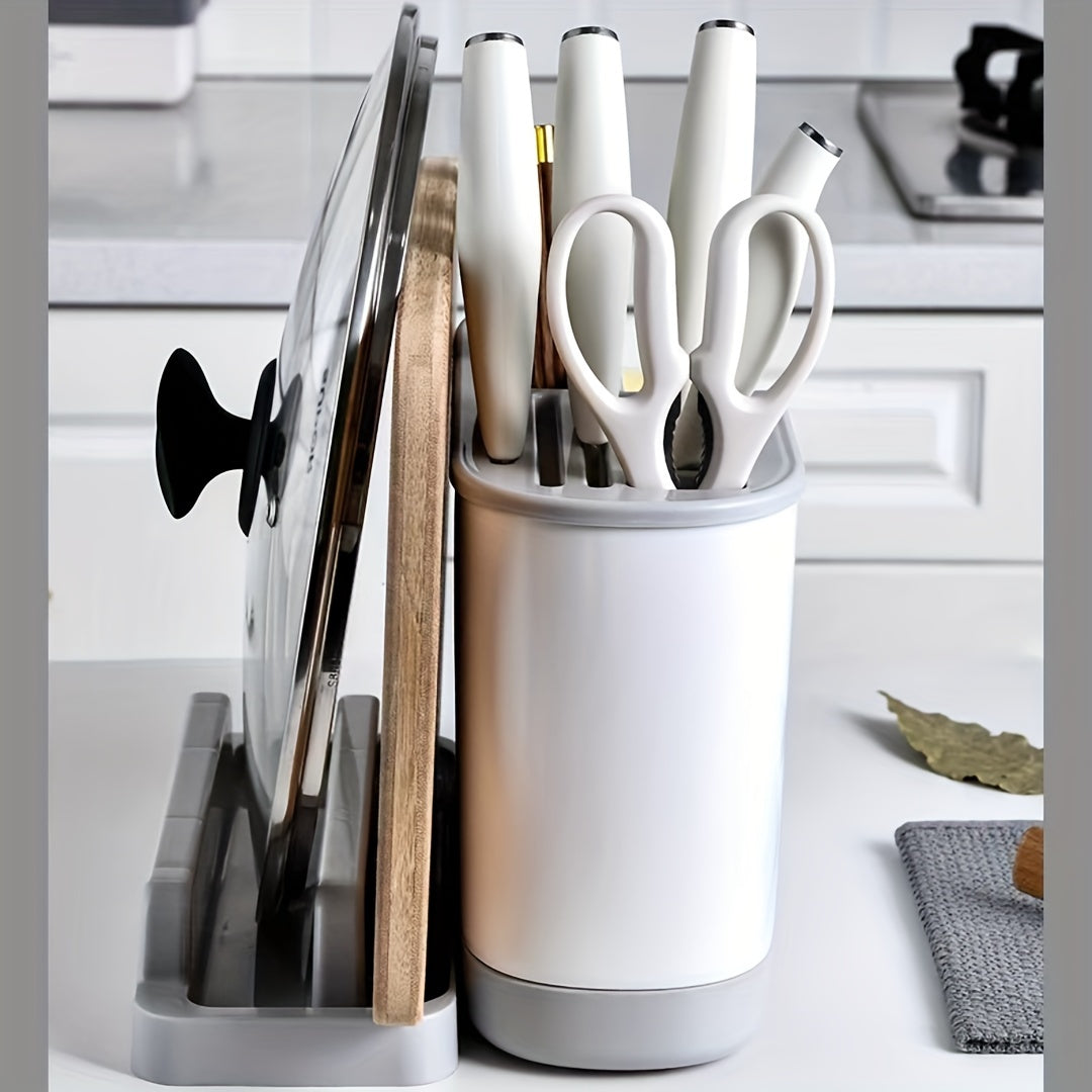 Modern Kitchen Storage Organizer with Integrated Cutting Board, Utensil Holder and Plastic Knife Block - No Batteries Needed