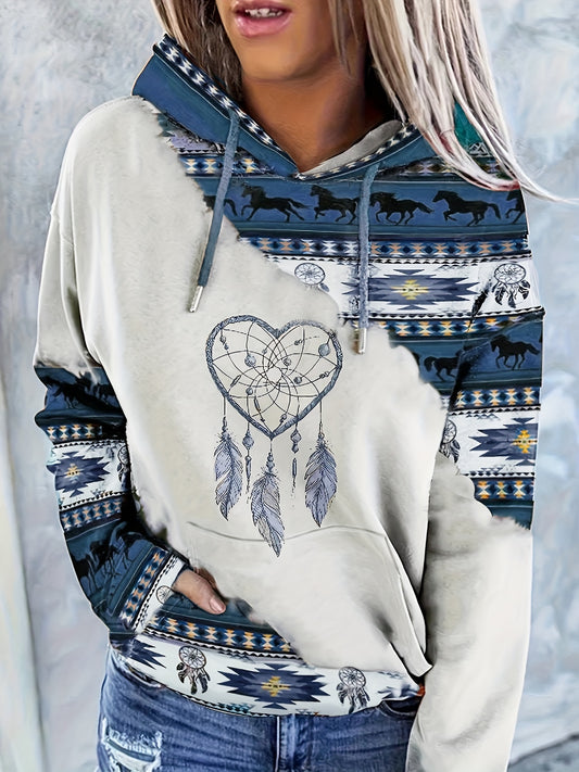 Casual hooded sweatshirt for women with ethnic print, knit fabric, and drawstring.