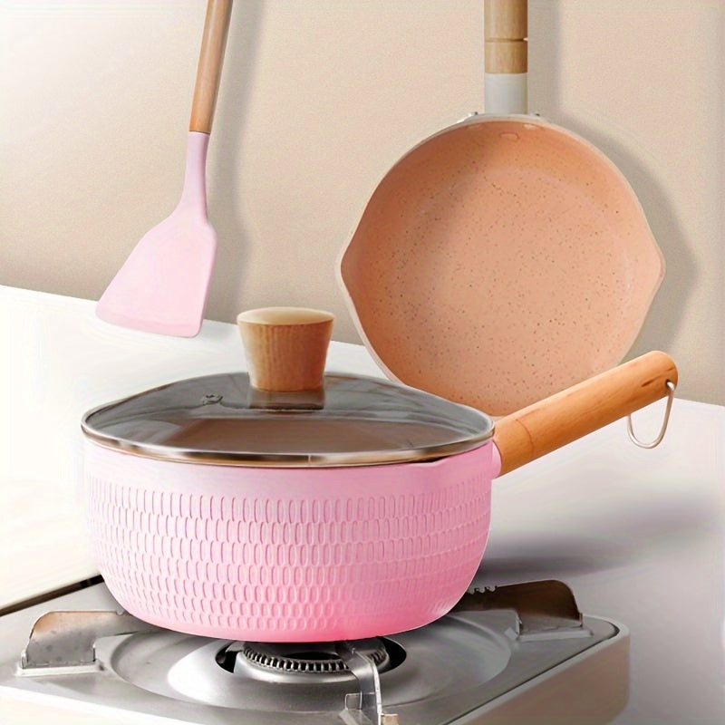 Best-Selling 1pc Pink Non-Stick Aluminum Pan, Japanese-Inspired Snow Flat Bottom Soup Pot, Induction Cooker Compatible, Perfect for Cooking Noodles and Heating Milk - Compact and Colorful Food Auxiliary Pot