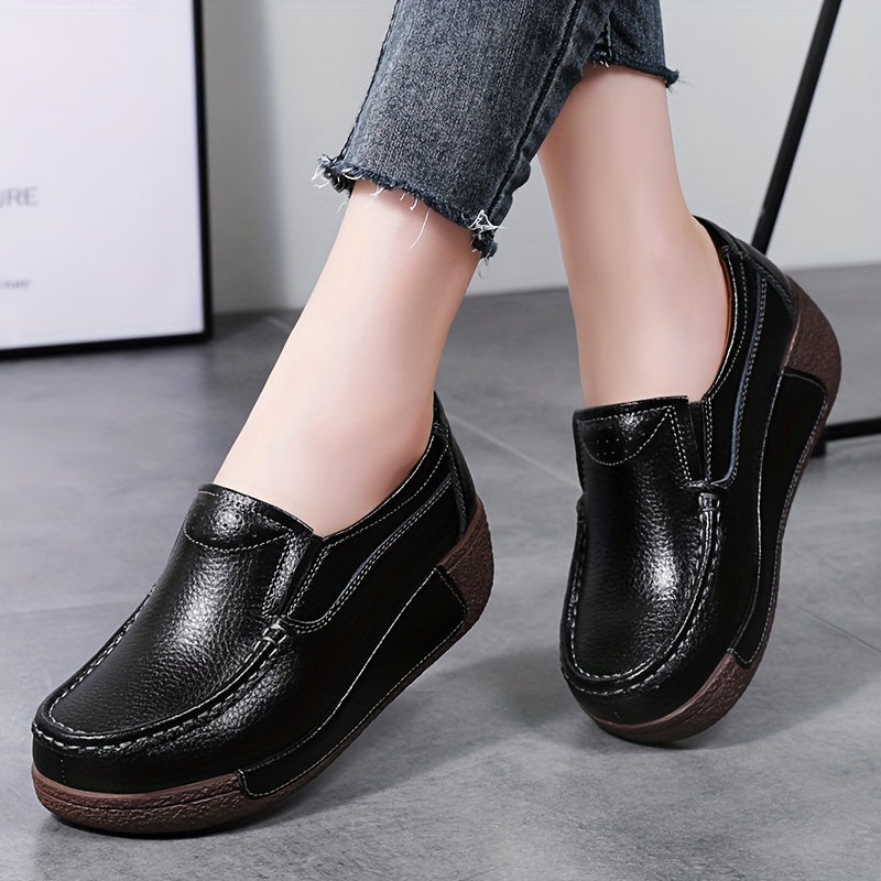 Women's slip-on loafers with mid-top design, round toe, mid heel, split cow faux leather upper, faux leather sole, all-season comfort.