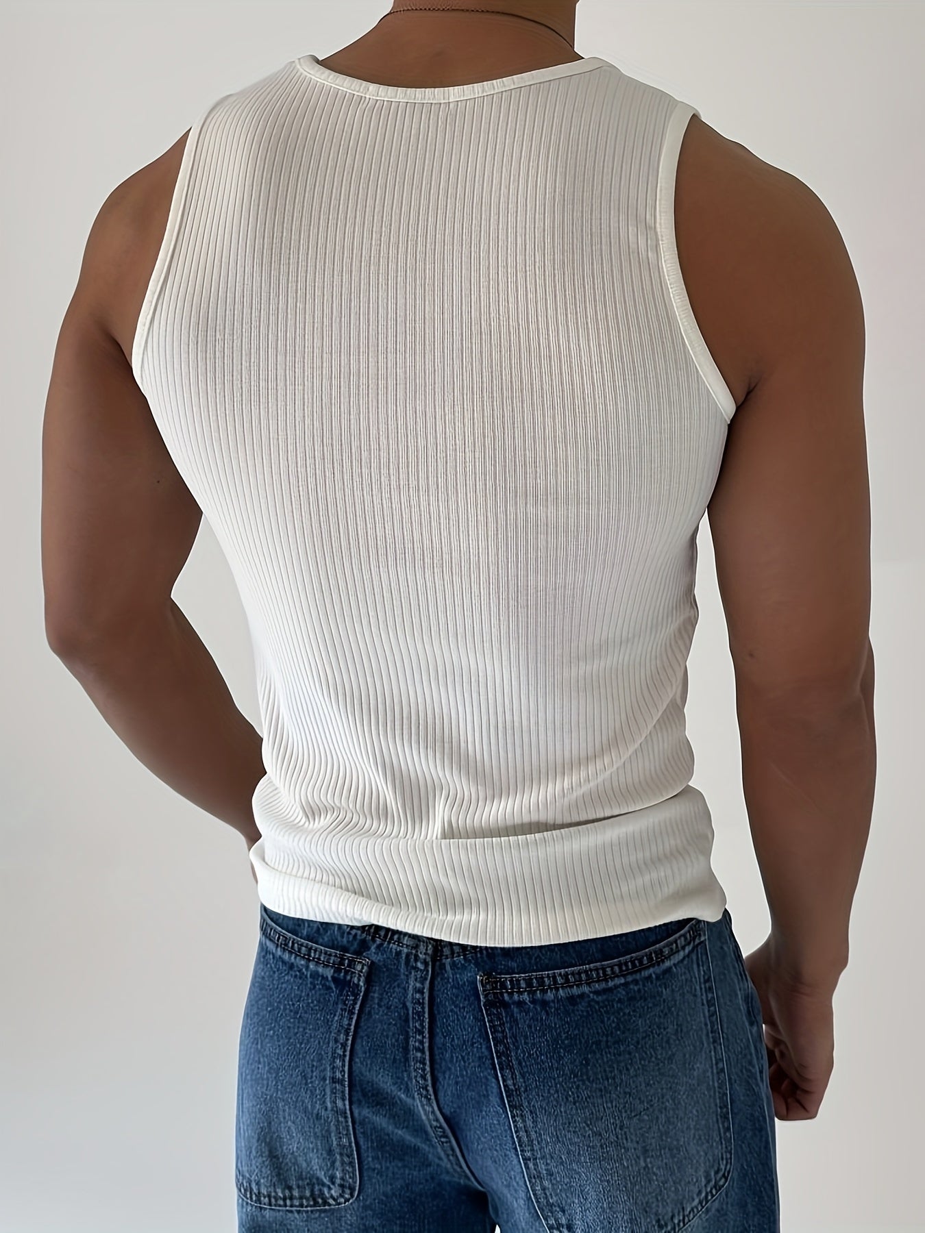 Men's white ribbed tank top made of high-quality polyester, designed for summer with stretch, crew neck, sleeveless, and machine washable.