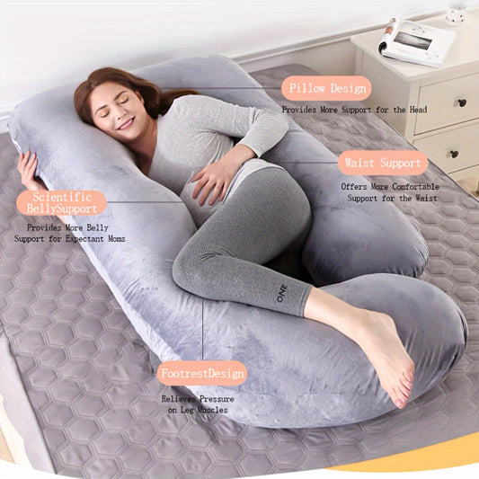 Multi-Functional Pregnancy Pillow with G-Shaped Design for Cool Comfort. Features Removable and Washable Cover, Belly and Waist Support, Soft Cotton Body. Ideal for Side Sleeping and Expectant Mothers.