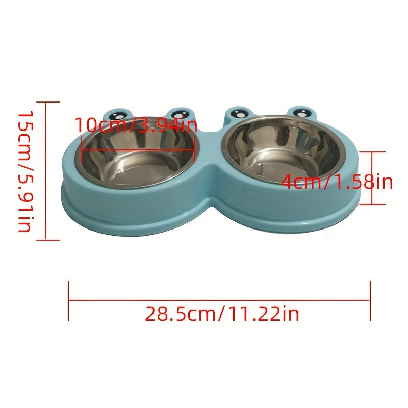 Stainless steel double bowl for small dogs and cats with pet frog design.