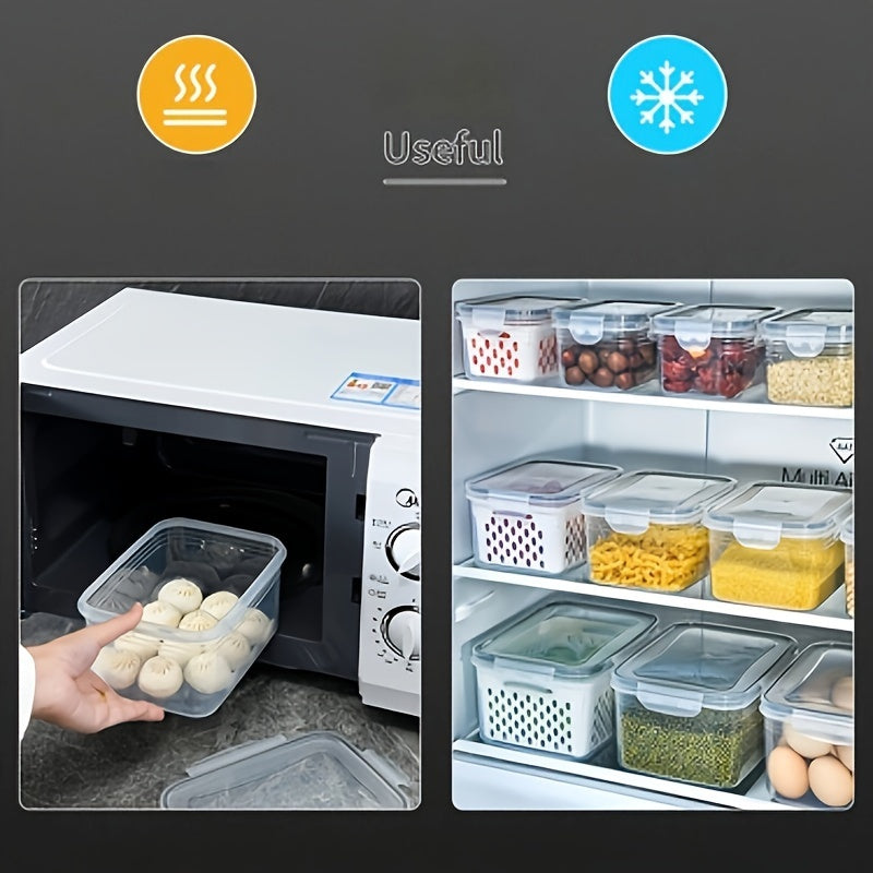 Keep your fruits, vegetables, berries, and meat fresh longer with this set of 9 large leakproof fridge storage containers featuring removable colanders. Dishwasher safe for easy cleaning.