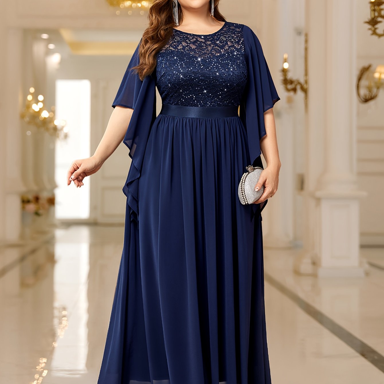 Stylish Navy Blue Maxi Dress with Lace Trim and Butterfly Sleeves - Ideal for Evening Parties, Weddings, and Formal Events