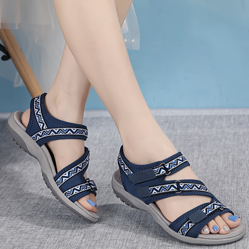 Women's flat sandals with hook-and-loop fastener, open toe ankle strap, fabric upper and inner, non-slip TPR sole, low heel, ethnic trim, comfortable for all seasons.