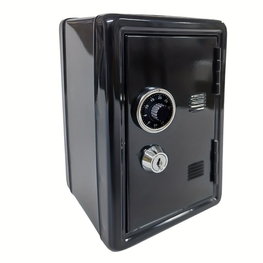 Mini safe bank with combination lock and key for storing money, jewelry, and documents at home. Dimensions: 17.78cm x 11.94cm x 9.91cm, black.