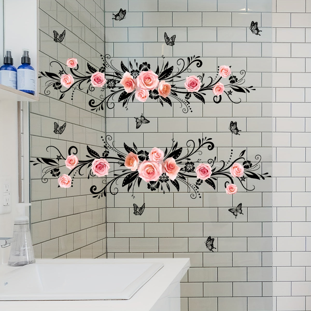 Double-sided pink rose and black butterfly decals for bathroom and living room walls.