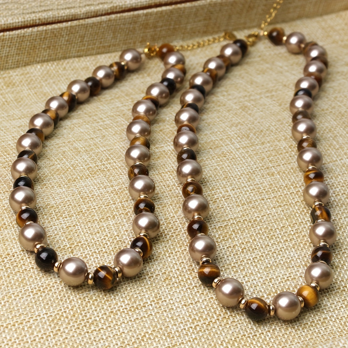 Maillard Tone Women's Autumn & Winter Necklace featuring Natural Tiger Eye Stone and Imitation Pearl Beads. Handmade Jewelry Gift perfect for the season. From Maillard Tone's Autumn & Winter Collection.