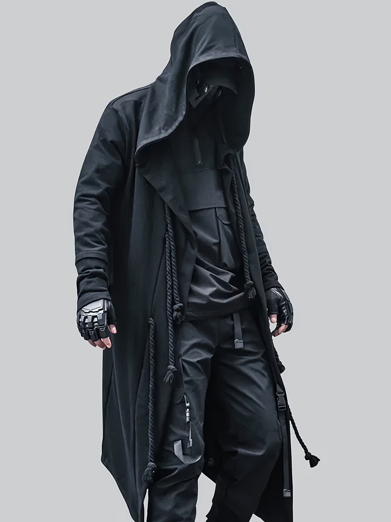 Men's black long shirt cape with hood and rope decoration, stylish streetwear with minimalist design, breathable and skin-friendly.