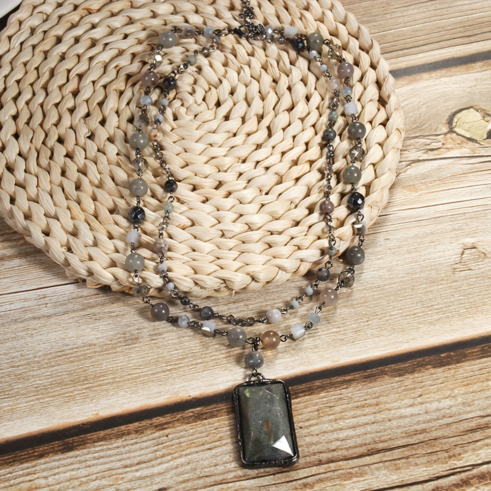 Chic Layered Stone Necklace with Boho Vibe, Featuring Natural Gemstones and Glass Beads on Black Chain, 2-Tier Style with Square Faceted Pendant, Great for Women to Wear Everyday or Give as Gifts, Ideal for Celebrating Mother's Day or Welcoming Spring