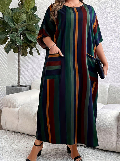 Striped pocket dress for plus size women