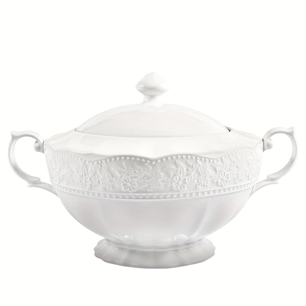 Beautiful White Ceramic Soup Tureen with Lid and Handle - Ideal for Use at Home, Restaurants, and Parties